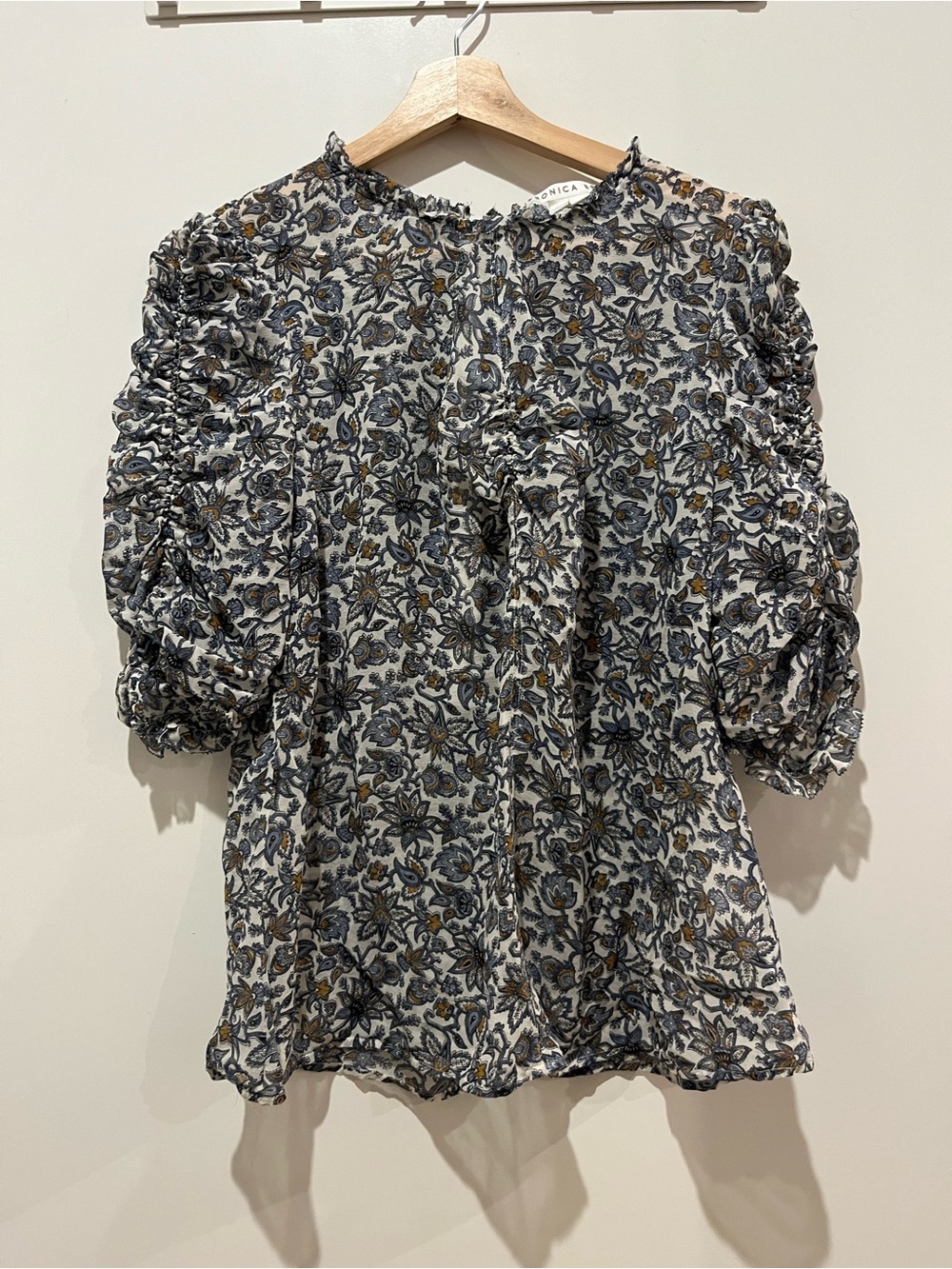 Veronica Beard Silk Floral Ruched Sleeve Blouse